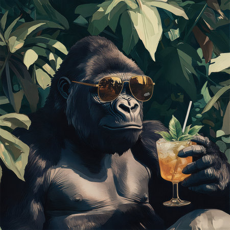 A stylish gorilla relaxes on a rock, sipping a colorful tropical drink while wearing aviator sunglasses. Surrounded by dense greenery and vibrant vines, it embodies laid-back luxury in nature.の素材