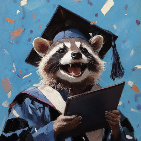 A joyful raccoon in a cap and gown gleefully holds a diploma while colorful confetti rains down. The rich violet coral and turquoise accents enhance the festive atmosphere of this memorable occasion.の素材