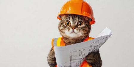 A photorealistic cat adorned in a tiny construction helmet and bright orange safety vest stands proudly, holding a blueprint on a clean white background.の素材