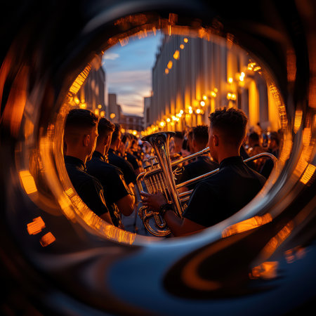 A stunning macro view captures a trumpet reflecting a bustling parade with bright colors and dynamic energy. The warm light enhances the festive atmosphere, celebrating community spirit.の素材