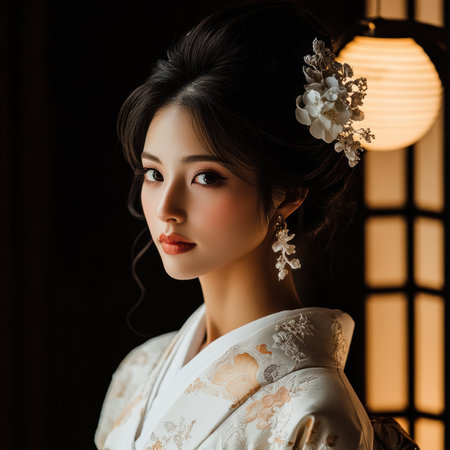 A Japanese bride captivates with her traditional white kimono adorned with delicate floral motifs.の素材
