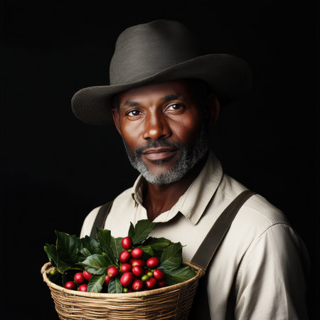 In a radiant display of sunlight, an Ethiopian coffee farmer stands confidently, cradling a basket filled with vibrant coffee cherries.の素材