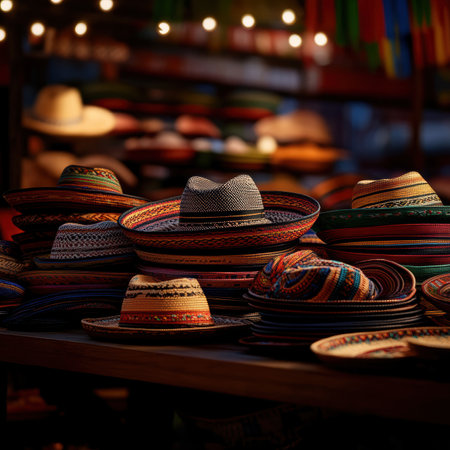 Brightly colored sombreros are arranged meticulously on a rustic wooden table, showcasing the vibrant hues typical of a Mexican market, all illuminated by mellow, ambient light.の素材