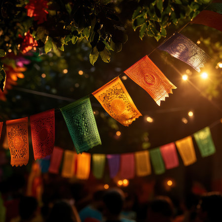 Colorful papel picado decorations dance in the breeze at a fiesta, surrounded by festive lights and lively spirits, capturing the essence of celebration and joy.の素材