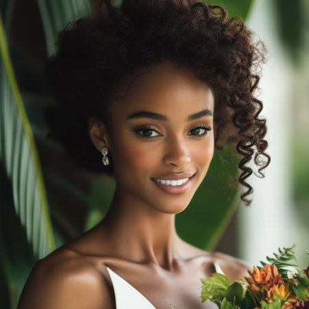 A radiant Jamaican bride smiles brightly while holding a beautiful bouquet featuring island-inspired flowers.の素材