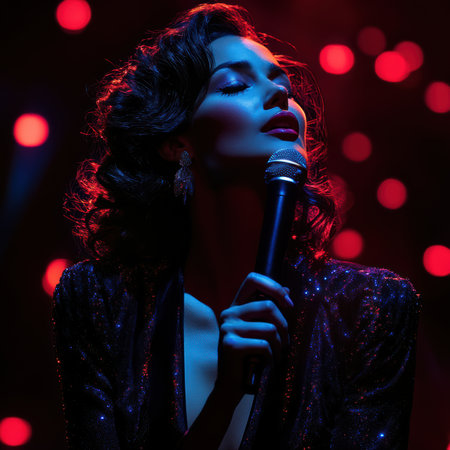 An Italian opera singer captivates the audience, elegantly dressed in a stunning gown and holding a microphone. The cosmic background glimmers with glowing red and blue lights.の素材