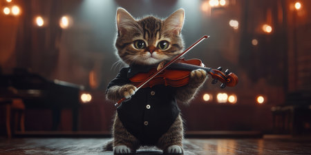 A charming cat dressed as a violinist stands confidently on a concert stage, spotlight shining down. The feline holds a small violin under its paw, captivating the audience with its musical talent.の素材