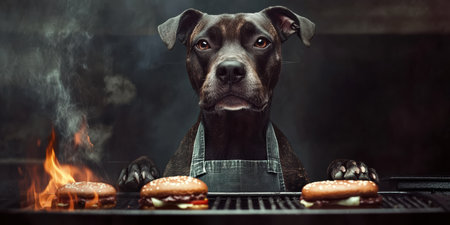 A photorealistic dog stands upright in an apron, its paws on the grill, closely monitoring sizzling burgers during a sunny cookout. Smoke rises as the delicious aroma fills the air.の素材