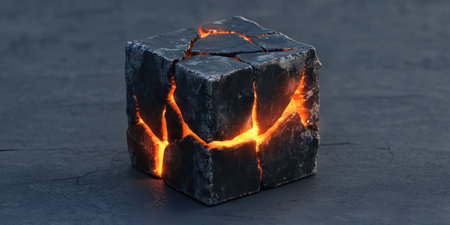 A photorealistic representation features a burning charcoal cube displaying vivid glowing cracks against a soft grey background, emphasizing its intense heat and texture.の素材