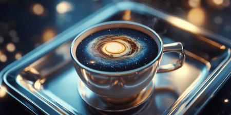 A stunning coffee cup reveals a swirling galaxy within its surface, replacing traditional foam, placed elegantly on a chrome tray. Perfect for cosmic coffee lovers.の素材