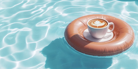 A coffee cup rests atop a vibrant pool inflatable, gently floating on sparkling water. Sunlight reflects off the surface, creating a serene and refreshing atmosphere by the poolside.の素材