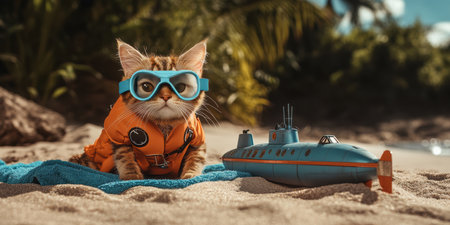 A playful cat dressed in a diving suit and goggles lounges on a beach towel beside a colorful model submarine. The setting is cheerful and tropical, perfect for summer fun.の素材