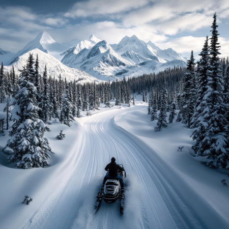A cool wolf commands the snowmobile as it glides over snowy trails in Alaska. Towering icy peaks and expansive pine forests create a breathtaking backdrop for this thrilling adventure.の素材