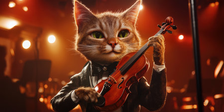 On a vibrant concert stage, a photorealistic cat dressed as a skilled violinist holds a mini violin under its paw. The spotlight shines brightly, highlighting this whimsical performance.の素材