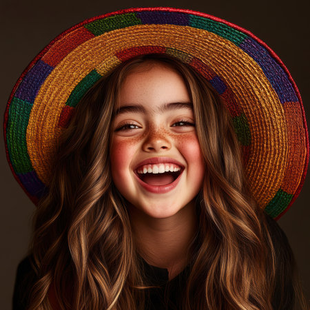 A young girl with Down syndrome smiles brightly while wearing a vibrant sombrero against a neutral backdrop. Her joyful expression radiates warmth and happiness, showcasing innocence.の素材