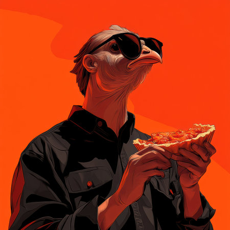 Stylized ostrich wearing sunglasses holding a pizza slice against orange backgroundの素材