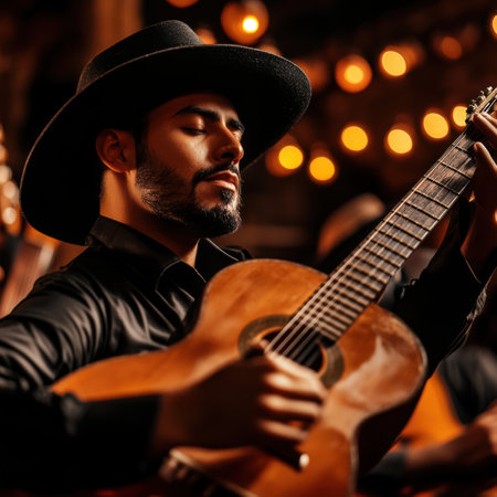 Male guitarist in black hat playing acoustic guitar under warm ambient lightingの素材