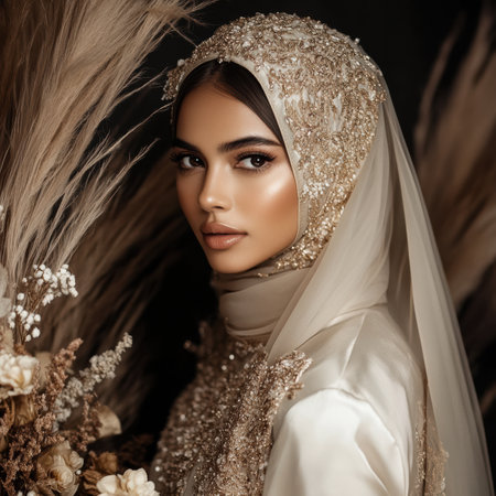 Bride wearing gold embroidered hijab with soft pampas grass bouquet and elegant makeup in bridal portraitの素材