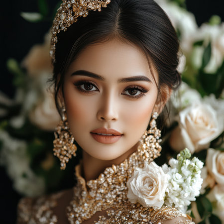 Elegant woman in golden traditional dress with ornate earrings and white roses in soft floral backgroundの素材