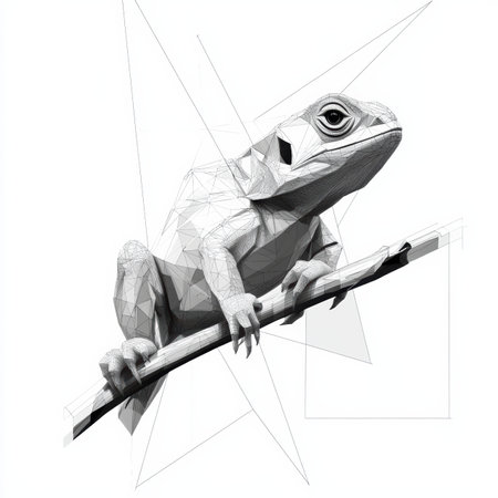 A lizard climbs a branch created from an intricate network of polygons, showcasing modern artistry with clean lines and geometric flair.の素材