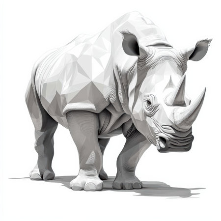 A striking representation of a rhinoceros exuding strength, crafted from polygons in a minimalistic style. The clean outlines highlight its powerful pose, creating an impactful visual experience.の素材
