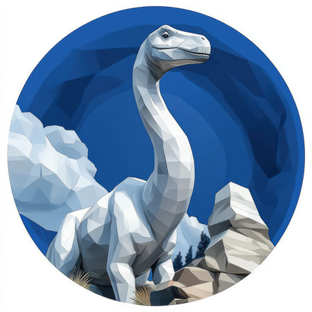 This unique design features a brachiosaurus characterized by a long neck elegantly extending upwards, crafted in geometric polygons with a clean minimalistic aesthetic.の素材