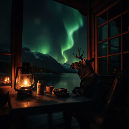A charming moose dressed elegantly sips hot cocoa at a wooden lodge in Norway, captivated by the brilliant northern lights illuminating the night sky with vibrant hues.の素材