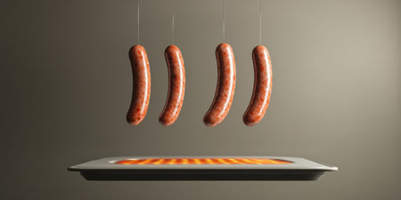 In a minimalist setting, three sausages hang in mid-air, seemingly buoyed by an invisible heat source below. The warm hues of the cooking surface contrast with the simple, elegant composition.の素材