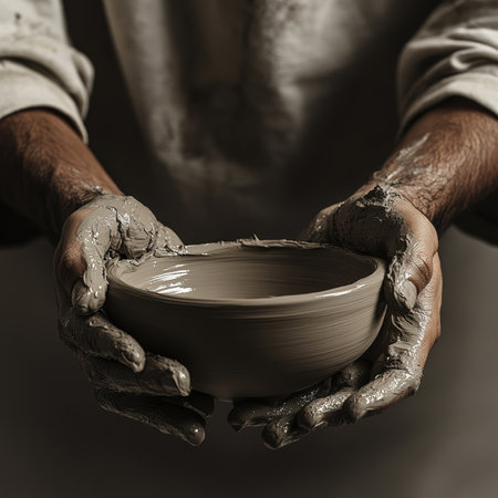 Hands meticulously shape clay into a beautiful piece of traditional Mexican pottery, showcasing skill and artistry against a calm, neutral background that emphasizes the craftsmanship involved.の素材