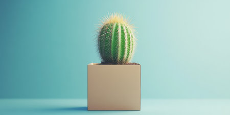 A charming tiny cactus sits in a surprisingly large box, adorned with whimsical and vivid packaging. The light blue background adds to the whimsical charm, creating an intriguing indoor setting.の素材