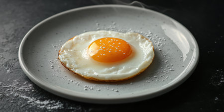 On a stylish plate, a sunny-side-up egg glistens under soft light, its yolk transformed into a miniature glowing star.の素材