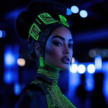A striking bride stands in an illuminated urban setting, showcasing her neon hair and holographic makeup.の素材
