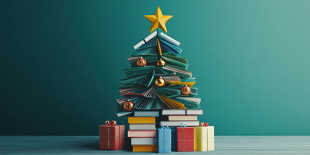 Transforming holiday spirit, this creative Christmas tree shaped like a pencil features colorful paper ornaments. Stacked books serve as presents, radiating warmth and cheer in a cozy setting.の素材