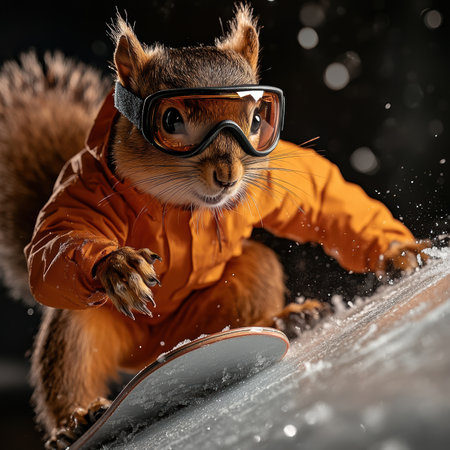 A joyful squirrel in a bright winter jacket and goggles expertly rides the halfpipe at a luxurious mountain resort in Colorado. It embraces the thrill of snowboarding, surrounded by scenic beauty.の素材
