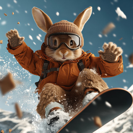 A cute rabbit glides gracefully on a snowboard, dressed in a cozy beanie and protective goggles. Behind, snowy peaks rise majestically against a vibrant blue sky, creating a perfect winter scene.の素材