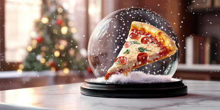 A delightful winter scene features a photorealistic slice of pizza encased in a crystal snow globe.の素材