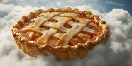 An exquisite apple pie features carved stars and stripes on its golden crust. It floats gracefully on a soft white cloud, basking in the glow of a bright sky, evoking a whimsical dreamlike atmosphere.の素材