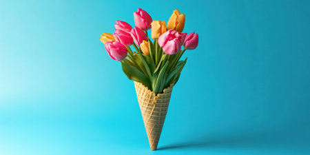 A delightful ice cream cone serves as a unique flower vase, showcasing vibrant pink and yellow tulips sprouting playfully from the top against a bright blue background, bringing joy and creativity.の素材