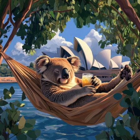 This adorable koala lounges peacefully in a hammock, sipping on a refreshing glass of iced lemonade. Eucalyptus trees frame the view, highlighting the iconic Sydney Opera House in the background.の素材