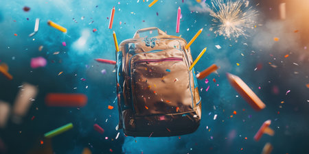 A backpack floats mid-air surrounded by vibrant confetti and colorful pencils exploding like fireworks, creating a festive atmosphere that sparks imagination and joy in a whimsical setting.の素材