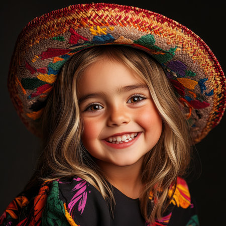 A young girl with Down syndrome beams with joy while wearing a vibrant sombrero. Her genuine smile radiates happiness against a simple, neutral backdrop, capturing a delightful moment of pure bliss.の素材