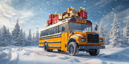 Snow blankets the ground as a vibrant schoolbus rolls along a frosty path. Gift boxes piled on top sparkle with festive ribbons, evoking a sense of joy and holiday spirit in the serene landscape.の素材