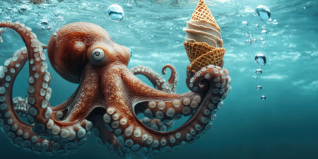 Beneath the ocean's surface, a vibrant octopus tentacle gently holds a colorful ice cream cone, surrounded by playful bubbles, capturing a whimsical underwater moment.の素材