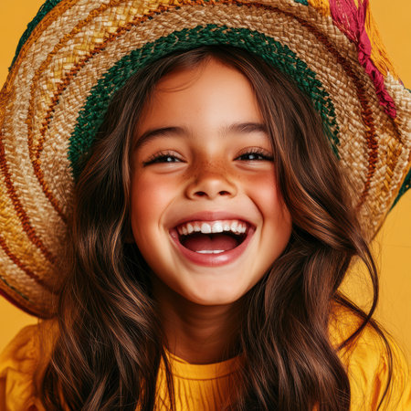 A young girl with Down syndrome beams with joy in her colorful sombrero, showcasing her radiant smile. The clean, neutral backdrop enhances her vibrant personality and playful spirit.の素材
