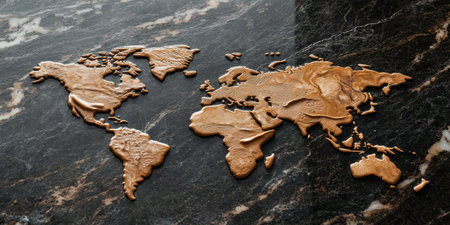 A delightful representation of melting ice cream creates a detailed world map on a smooth granite surface.の素材