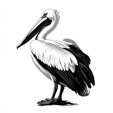 A striking pelican stands gracefully, its wings slightly raised, captured in a modern style that emphasizes basic shapes and smooth lines. This artwork showcases minimalism and elegance.の素材