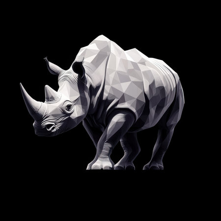 A striking depiction of a rhinoceros stands confidently with a bold posture, crafted from polygons in an elegant minimalist style. The high-resolution lines emphasize its powerful form and energy.の素材