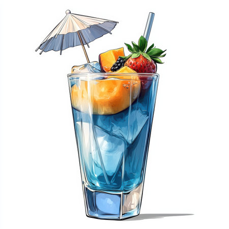 This vibrant cocktail boasts a delightful mix of mango, passion fruit, and strawberry, crowned with a tiny umbrella and cherry. Perfect for summer, it evokes a fun beach vibe with every sip.の素材