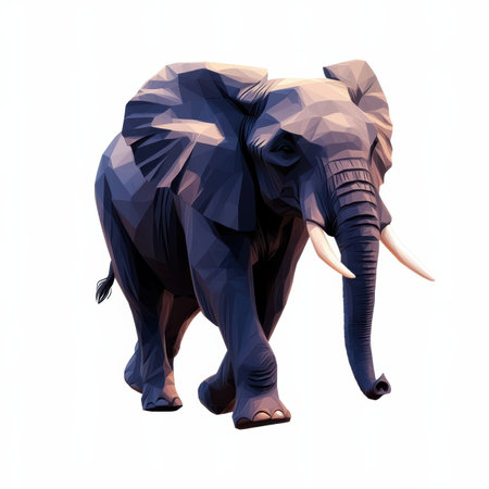 A striking elephant walks gracefully with its trunk raised, crafted from low-poly shapes in a modern line art style. The design captures the spirit and majesty of this magnificent creature.の素材