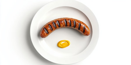 A perfectly grilled sausage rests elegantly on a bright white plate. Beside it, a single dot of mustard adds a burst of color, creating a visually appealing culinary moment perfect for food lovers.の素材